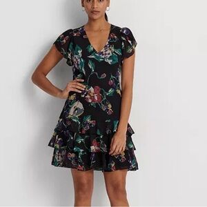 Lauren Ralph Lauren Women's Floral Short Sl. Georgette Drop-Waist Dress 16 NWT